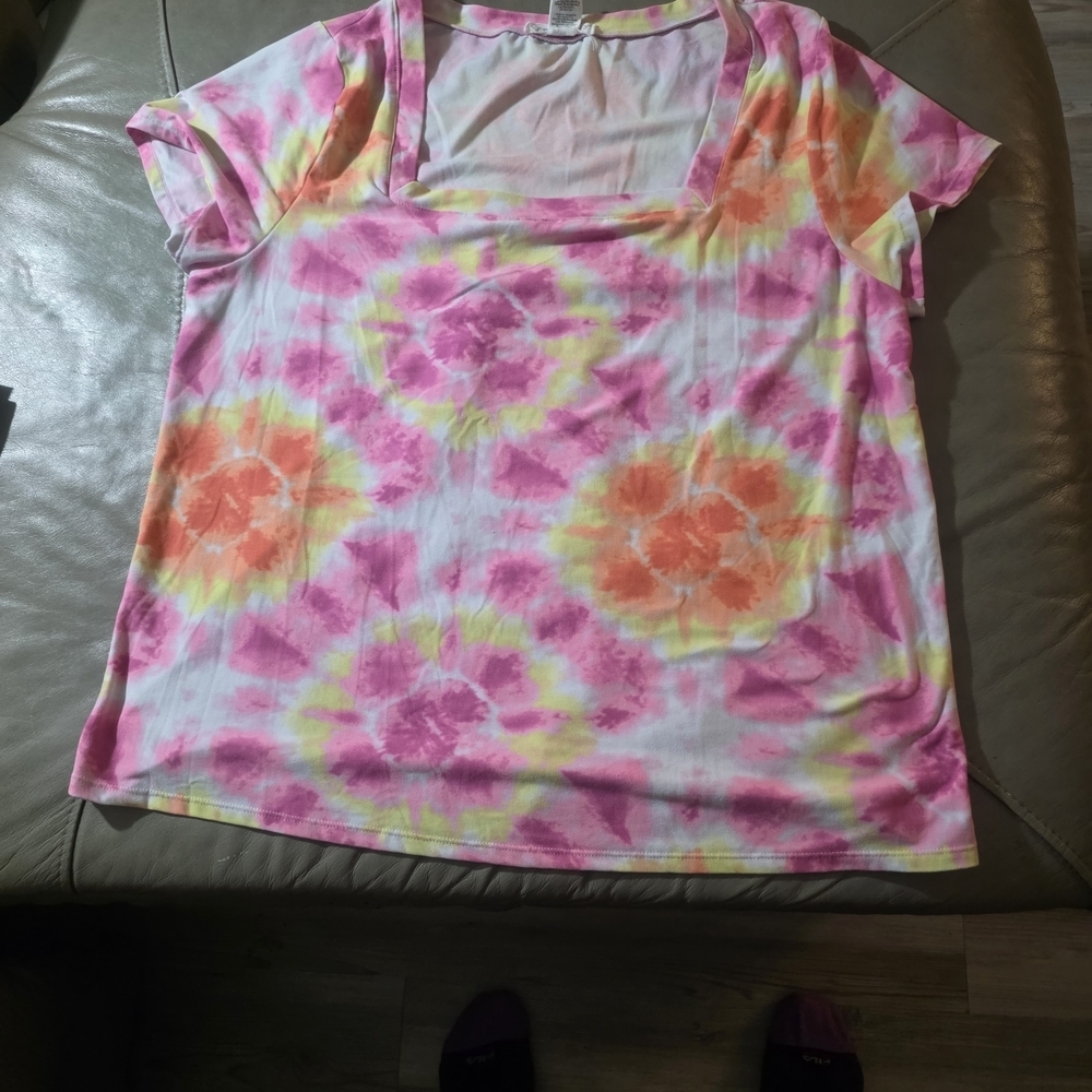 Eye candy Tie-Dye Scoop Tunic  Neck Top in Pink, Orange & Yellow